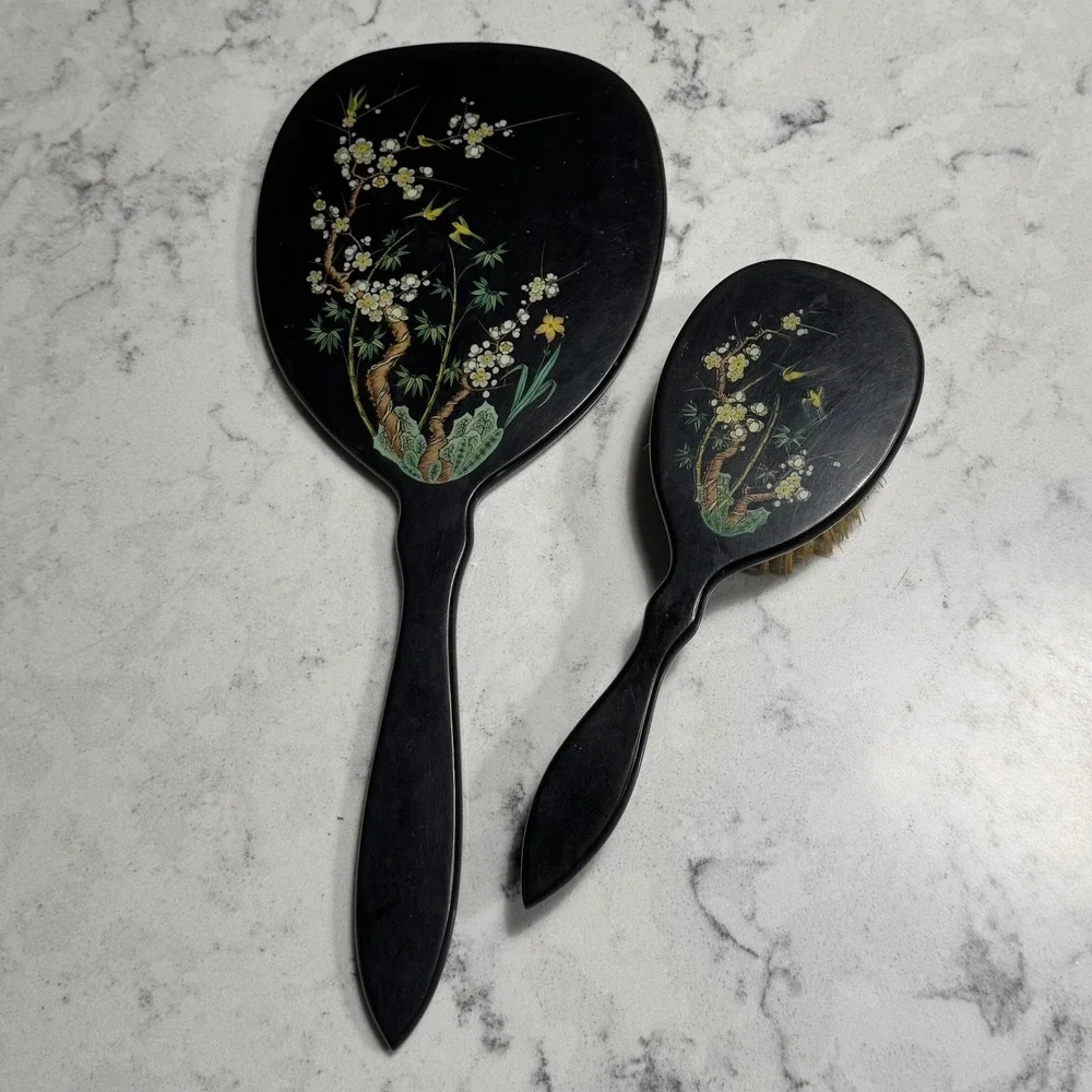 Mid Century Lucite Ming Hand Vanity Mirror and Brush Oriental Floral Accents VTG